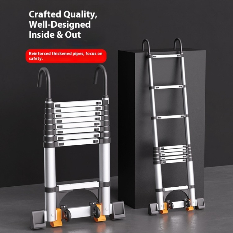Fire Escape Ladder - บันไดตรงแบบยืดหดได้พร้อมตะขอและล้อ อลูมิเนียมอัลลอยด์หนา บันไดในครัวเรือนที่จัดเก็บง่าย บันไดสำหรับงานวิศวกรรม